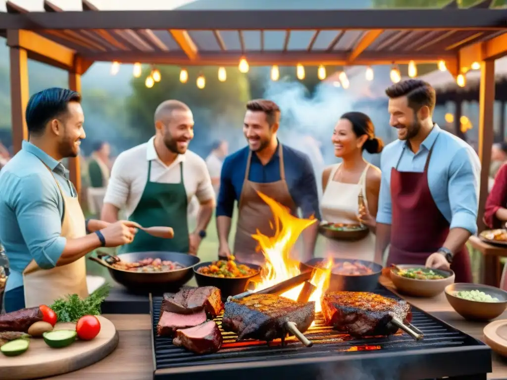 Una escena vibrante de personas de diversas culturas cocinando juntas en un asado, entre risas y conversaciones en un ambiente cálido y acogedor