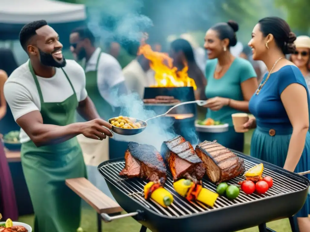 Escena vibrante de personas disfrutando de un evento de asado en un entorno moderno y festivo