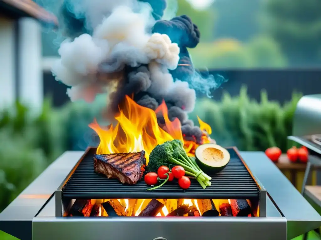 Una escena de barbacoa ecológica vibrante con técnicas de asado ecológico sostenible