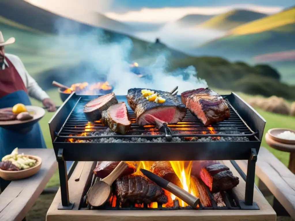 Una escena vibrante de un tradicional asado uruguayo en el campo, con un grupo de personas disfrutando del Patrocinio tradicional asado uruguayo