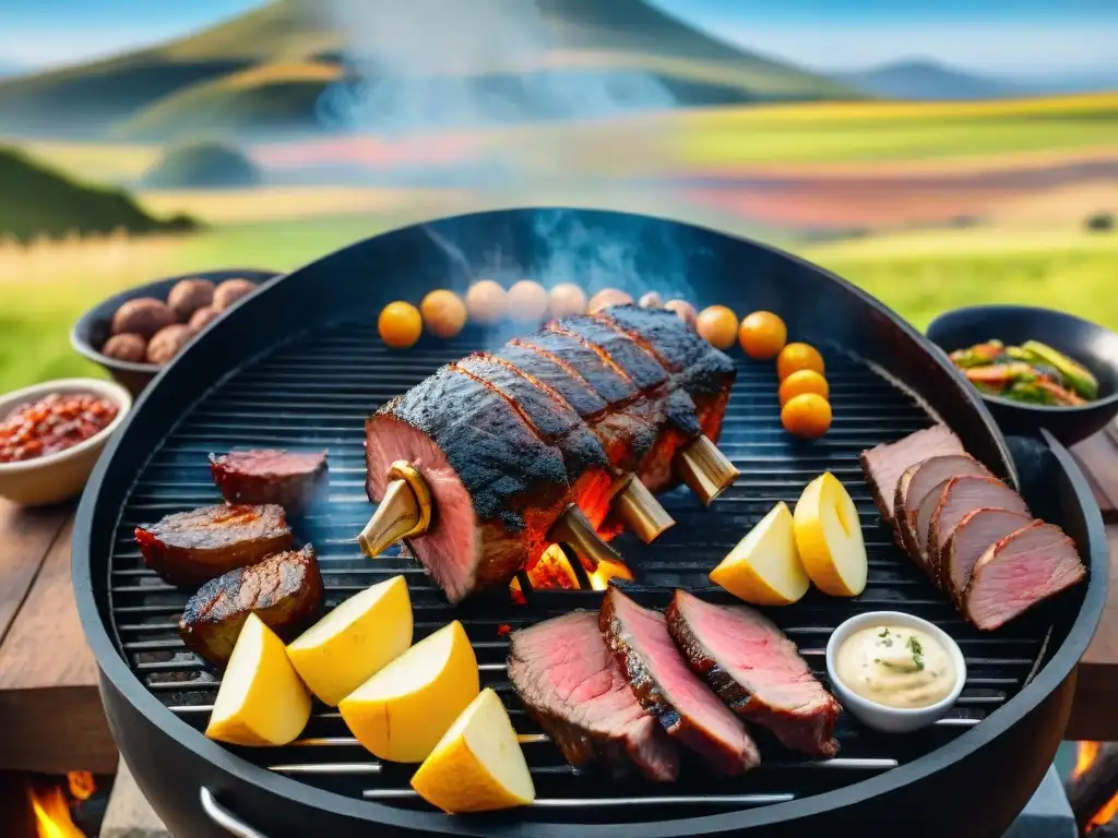 Una escena vibrante del tradicional asado uruguayo vivo, con carnes a la parrilla y el entorno campestre