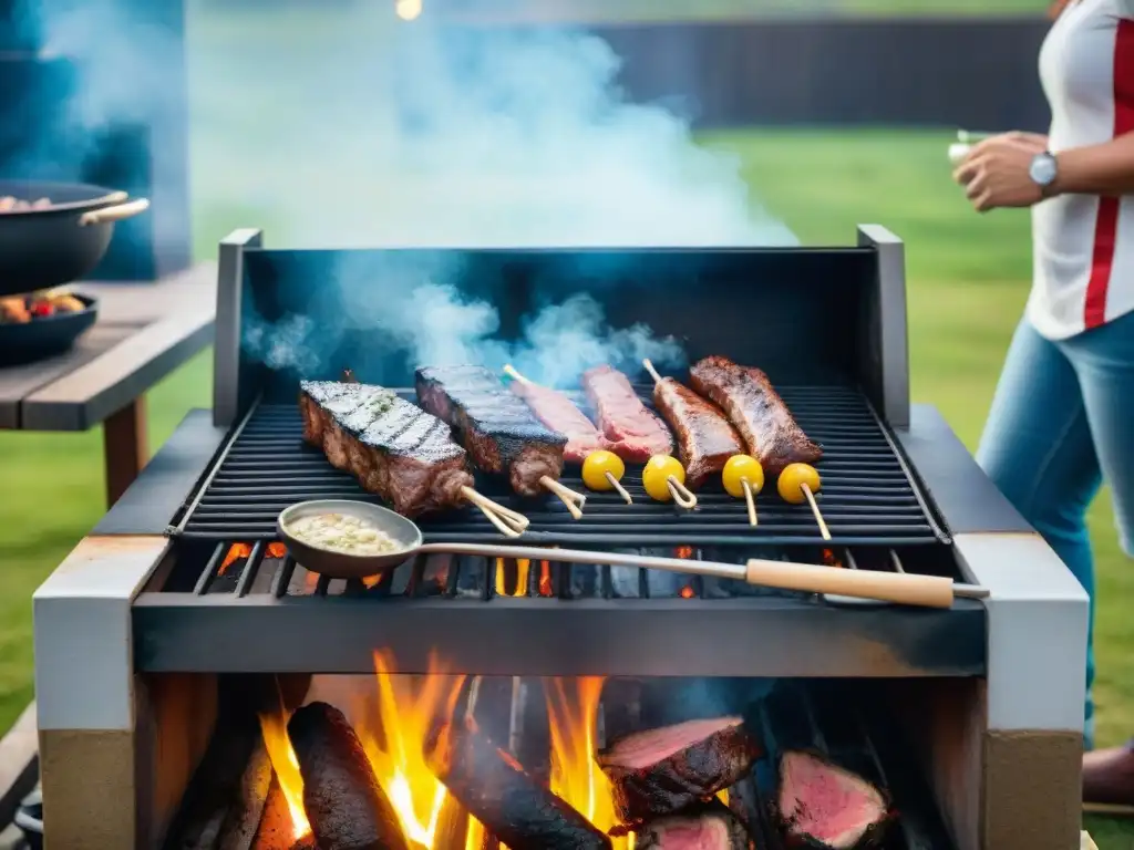 Una escena vibrante de un tradicional asado uruguayo en Colonia, evocando la historia y tradición gastronómica de Uruguay