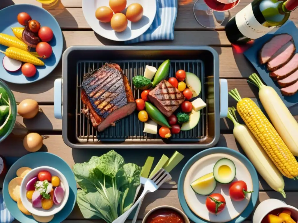 Escena vibrante de barbacoa veraniega con carnes y vegetales en la parrilla, frutas jugosas y vinos en mesa rústica