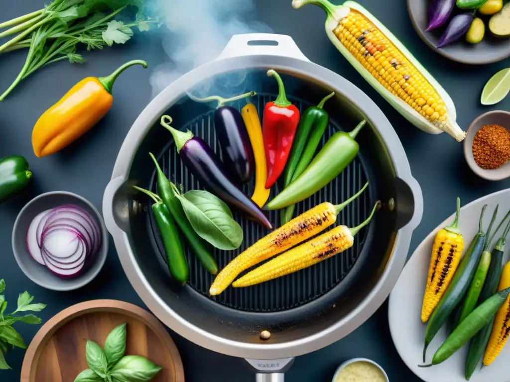 Una escena vibrante de verduras asadas en la parrilla, listas para una clase de cocina de asado vegano