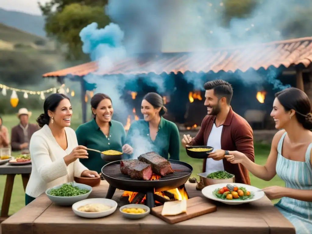 Una escena virtual de la tradición del asado uruguayo: amigos y familia alrededor de la parrilla, con humo, carne y camaradería