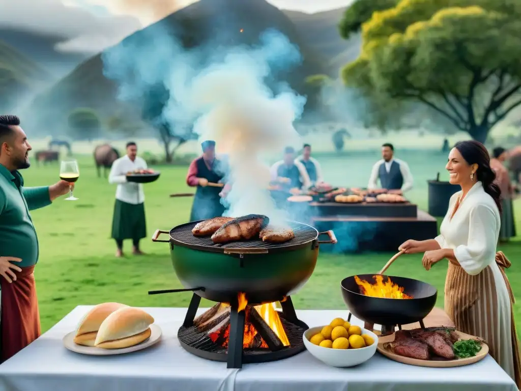 Una escena virtual que captura la tradición del asado uruguayo en un entorno campestre exuberante, con gauchos, carne a la parrilla y camaradería