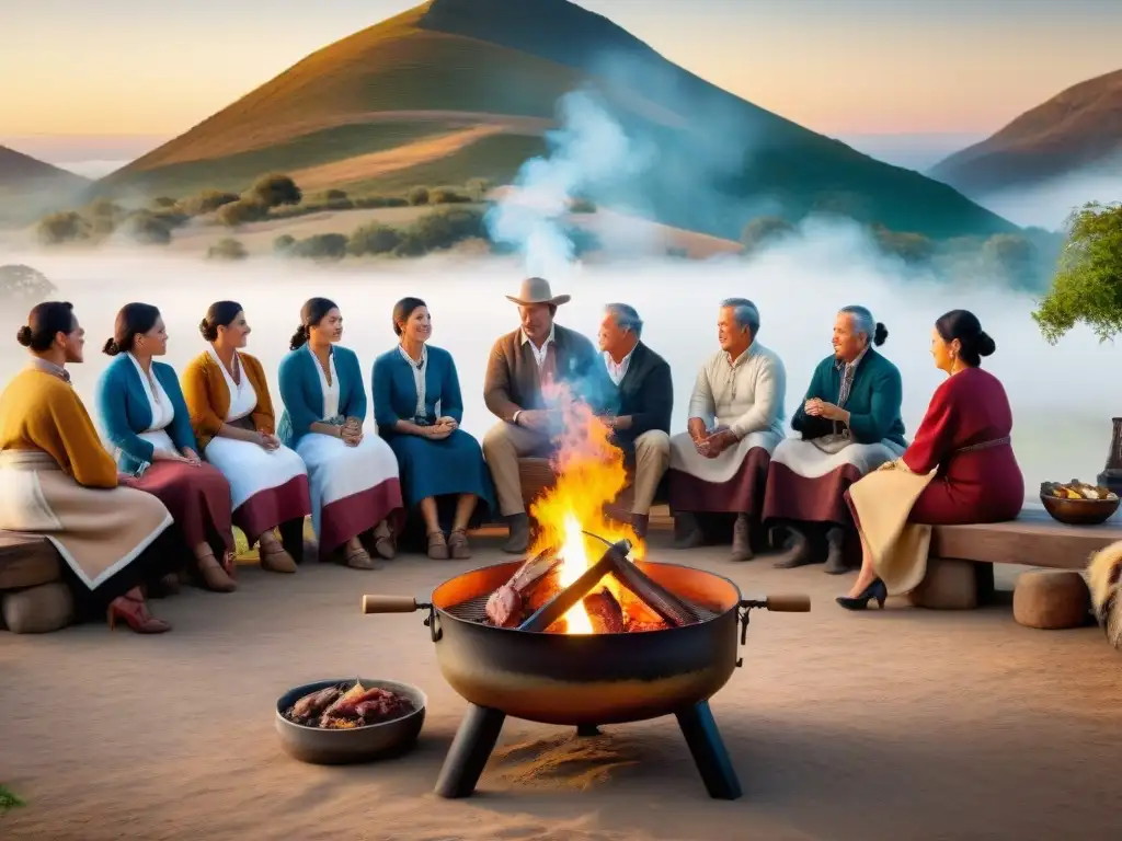 Una escena virtual de la tradición del asado uruguayo, con una atmósfera de camaradería y tradición en el campo