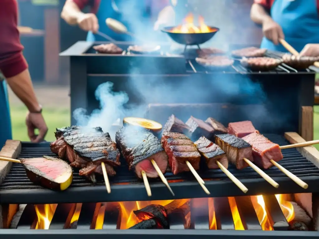 Una escena viva de la tradición del asado uruguayo, con amigos y familia disfrutando alrededor de la parrilla rústica