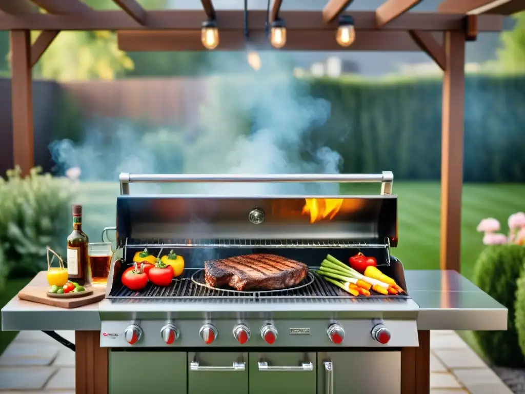 Un escenario de barbacoa en un jardín con accesorios y herramientas de asado, creando un ambiente acogedor