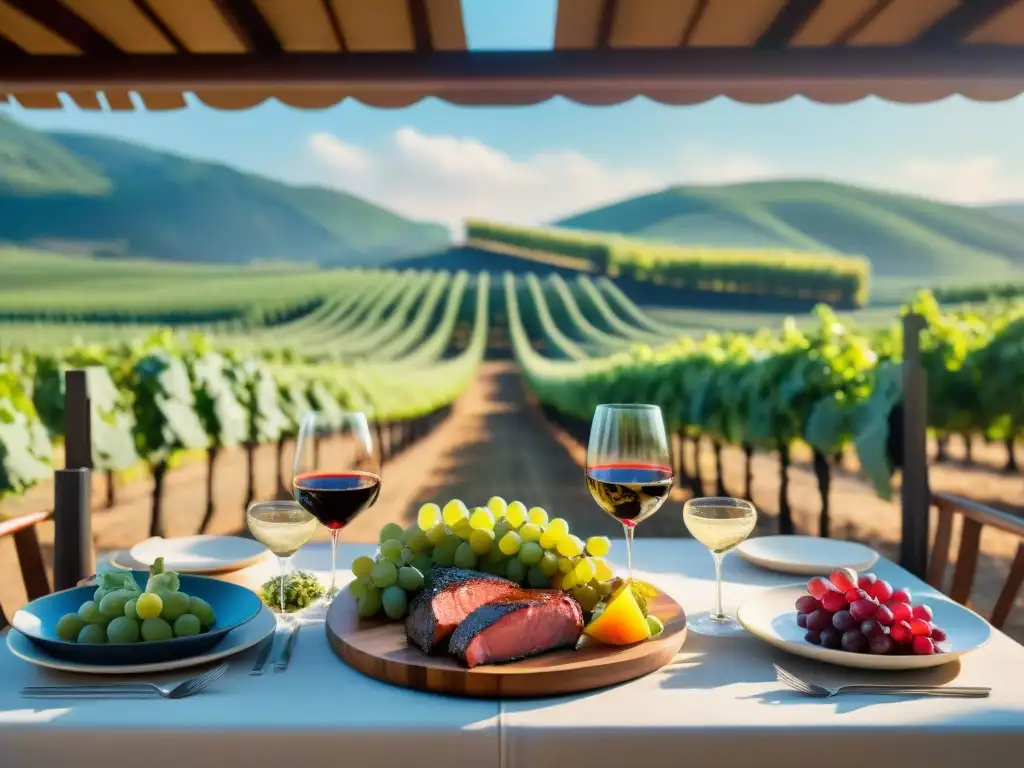 Un escenario armonioso de viñedo soleado con mesa para barbacoa, vinos y comida