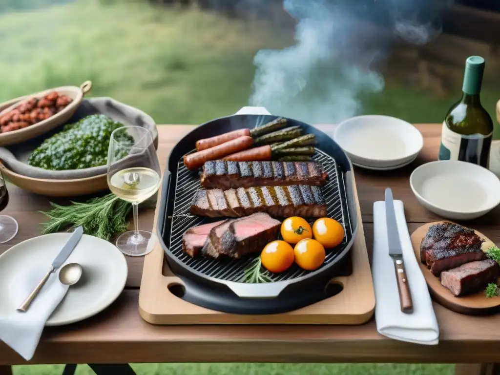 Un escenario de asado uruguayo con maridajes audaces: mesa al aire libre con variadas carnes asadas, chimichurri, vino y vegetales a la parrilla