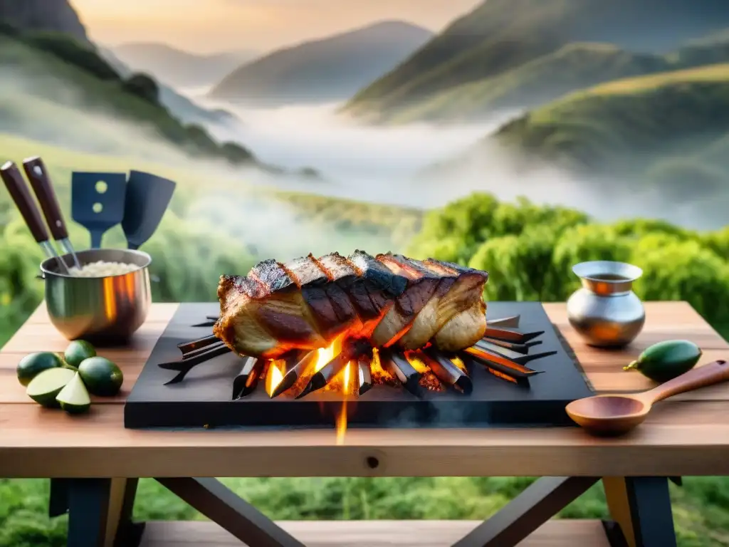 Un escenario campestre uruguayo con accesorios para asado premium, bañado por la cálida luz del sol