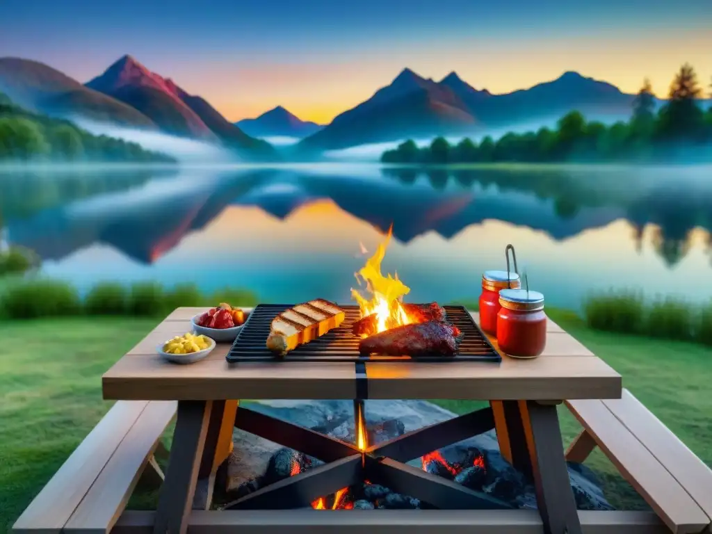 Un escenario idílico para una barbacoa al aire libre junto al lago al atardecer