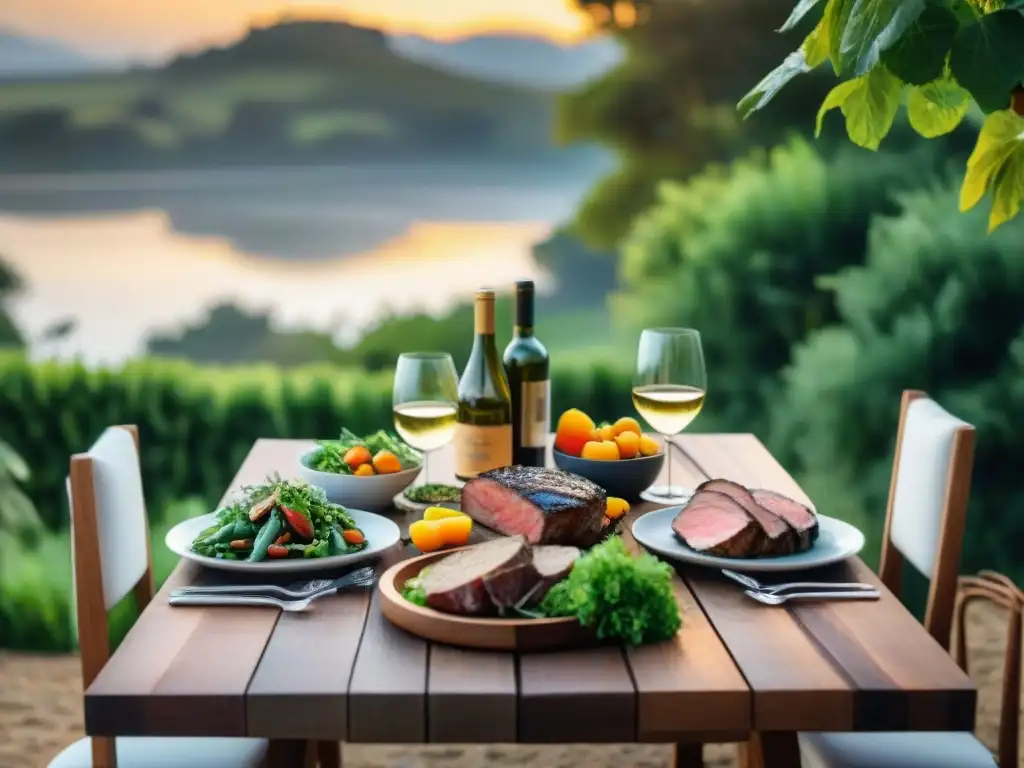 Un escenario idílico de mesa para asado uruguayo con vinos blancos, carnes y verduras, en un entorno natural y acogedor al atardecer