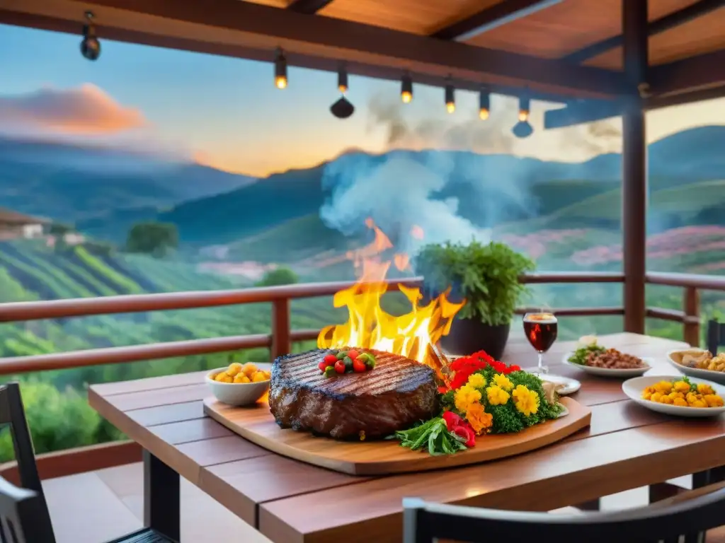 Parrillada en el patio: ambiente acogedor y sabores auténticos Escenario idílico para parrilladas en patio al aire libre con parrilla argentina y ambiente acogedor bajo un cielo de atardecer