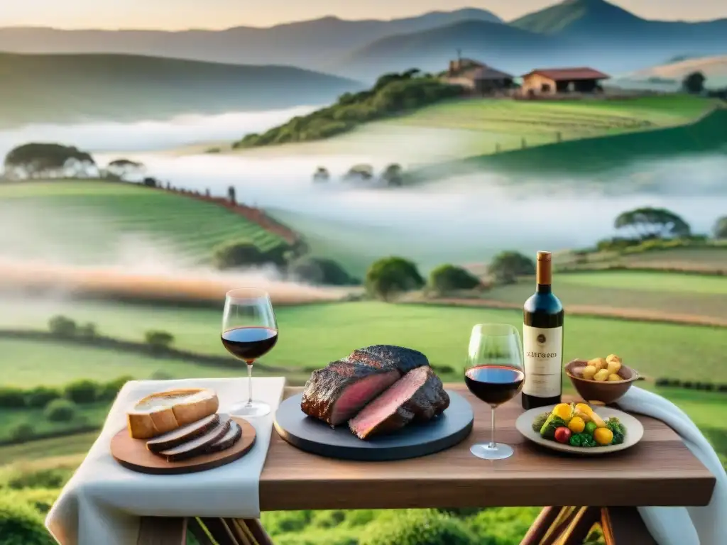 Un escenario lujoso de retiro gourmet asado en Uruguay, con mesa elegante y exquisiteces locales