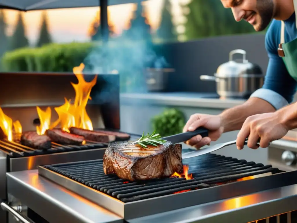 Un escenario de patio trasero sereno con parrilla de leña y gas, bañado por la cálida luz del sol