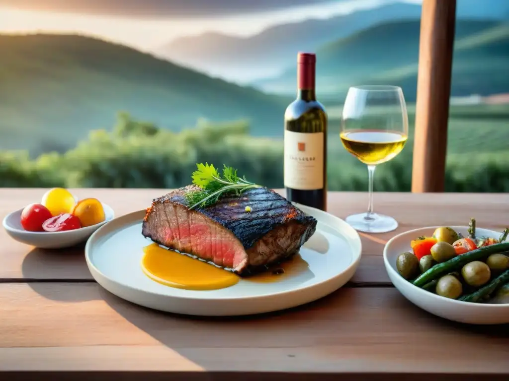 Un escenario perfecto de maridaje viognier asado uruguayo en una mesa rústica con vino y comida