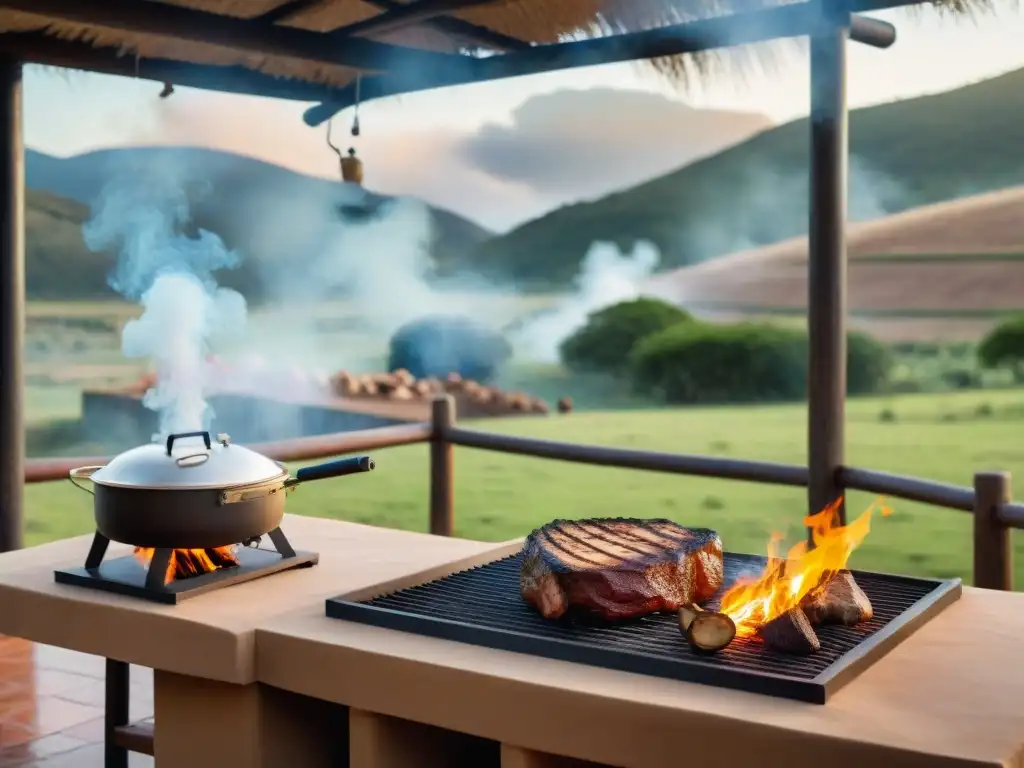 Un escenario pintoresco de una estancia tradicional uruguaya con lujosa área de cocina al aire libre, destacando las técnicas de asado en estancias