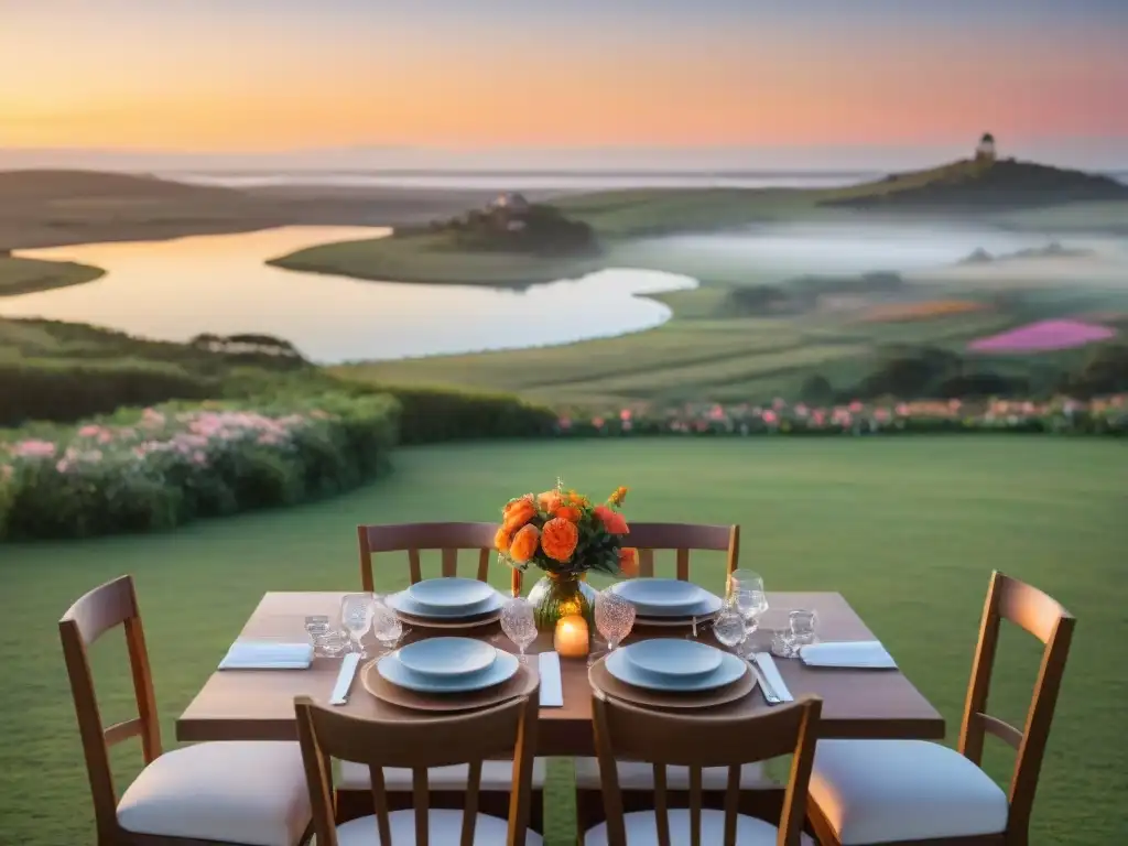 Un escenario pintoresco de una lujosa cena al aire libre al atardecer en el campo uruguayo, rodeado de exuberante vegetación, flores en flor y suaves linternas brillantes que proyectan una cálida luz acogedora