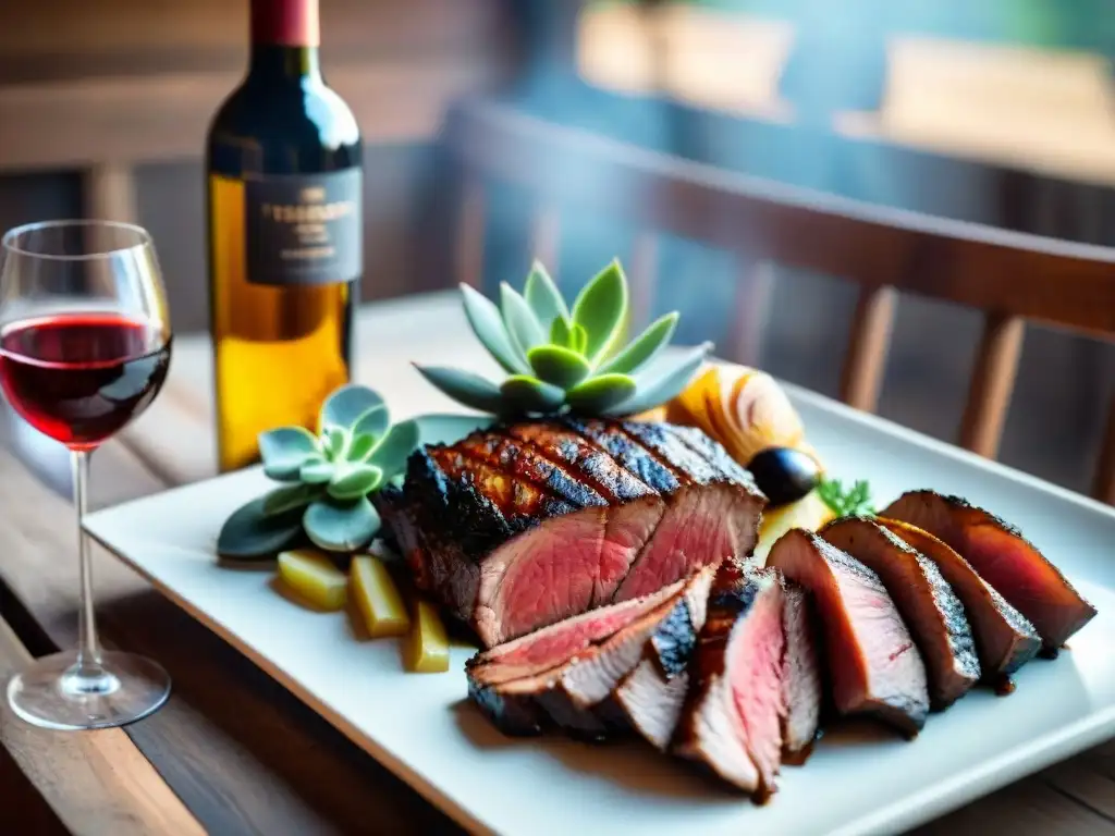 Un escenario tentador de una mesa de madera rústica con asado uruguayo y vinos caseros personalizados