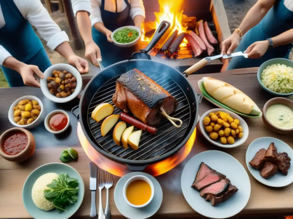 Un escenario tradicional uruguayo de asado con gauchos, amigos y familia, en un ambiente lleno de alegría y anticipación