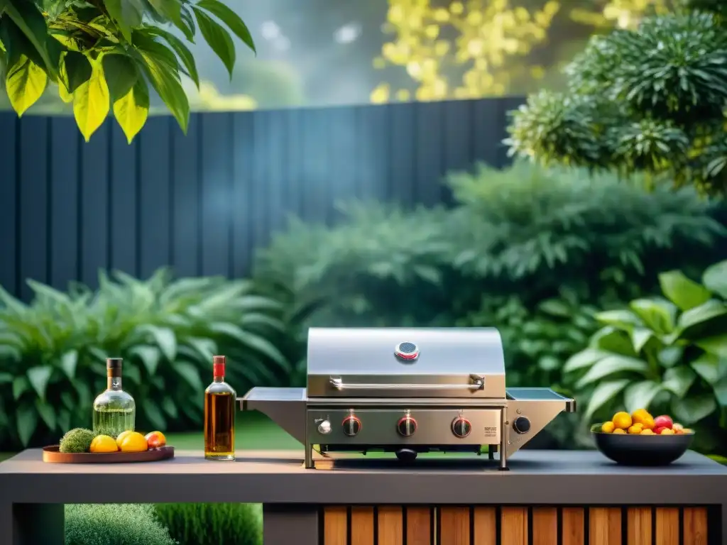 Espaciosa estación de parrilla al aire libre en un jardín exuberante, ideal para la limpieza de equipamiento para asado