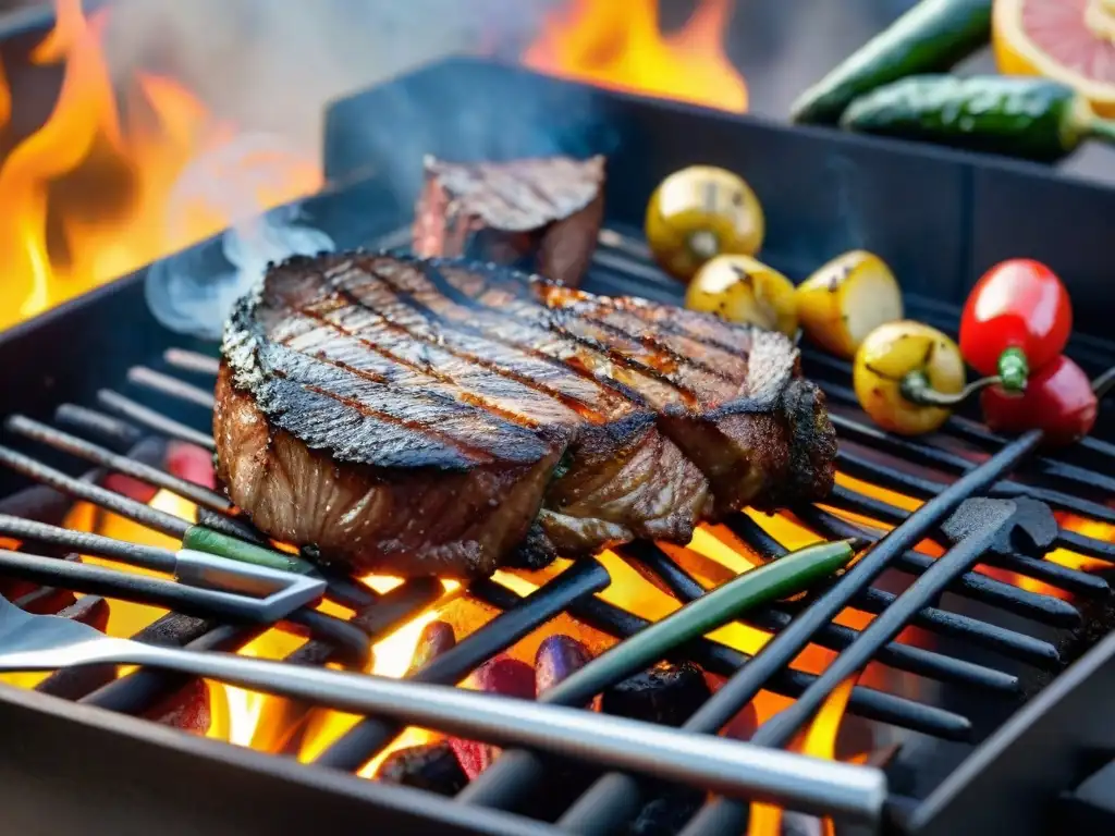 Un espectáculo de sabores: parrilla humeante con asados perfectamente cocidos al atardecer de verano