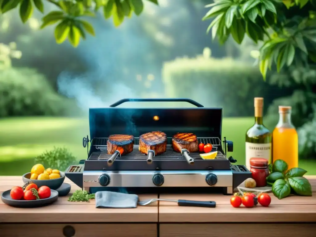 Una estación de parrilla al aire libre organizada con utensilios de alta calidad y ingredientes frescos, listos para una parrillada