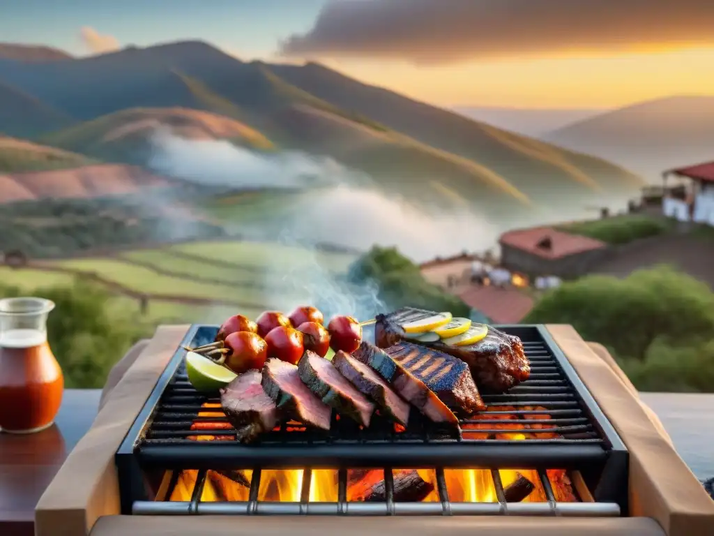 En una estancia de lujo, un parrillero uruguayo asa cortes premium como asado de tira, vacío y chorizo, con un atardecer cálido de fondo