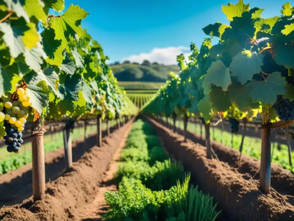 Estancias gastronómicas Uruguay: Viñedo exuberante con hileras de uvas bajo el sol, escena serena y pintoresca