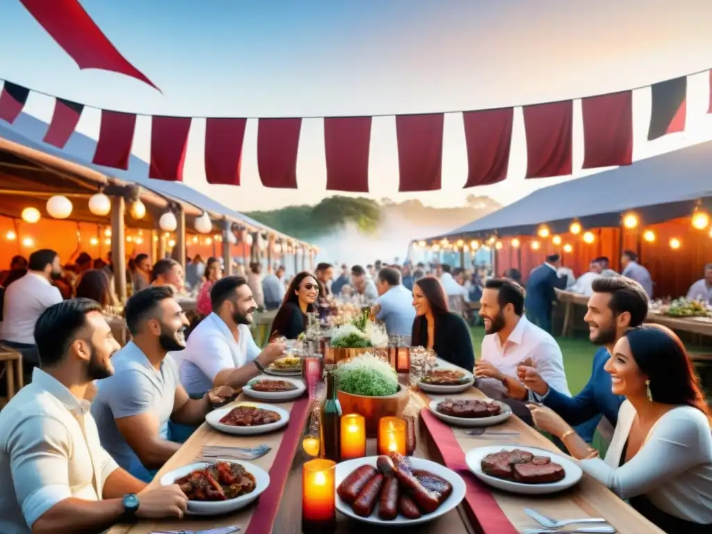 Un evento al aire libre con asado uruguayo y patrocinadores, creando un ambiente festivo y cálido al atardecer