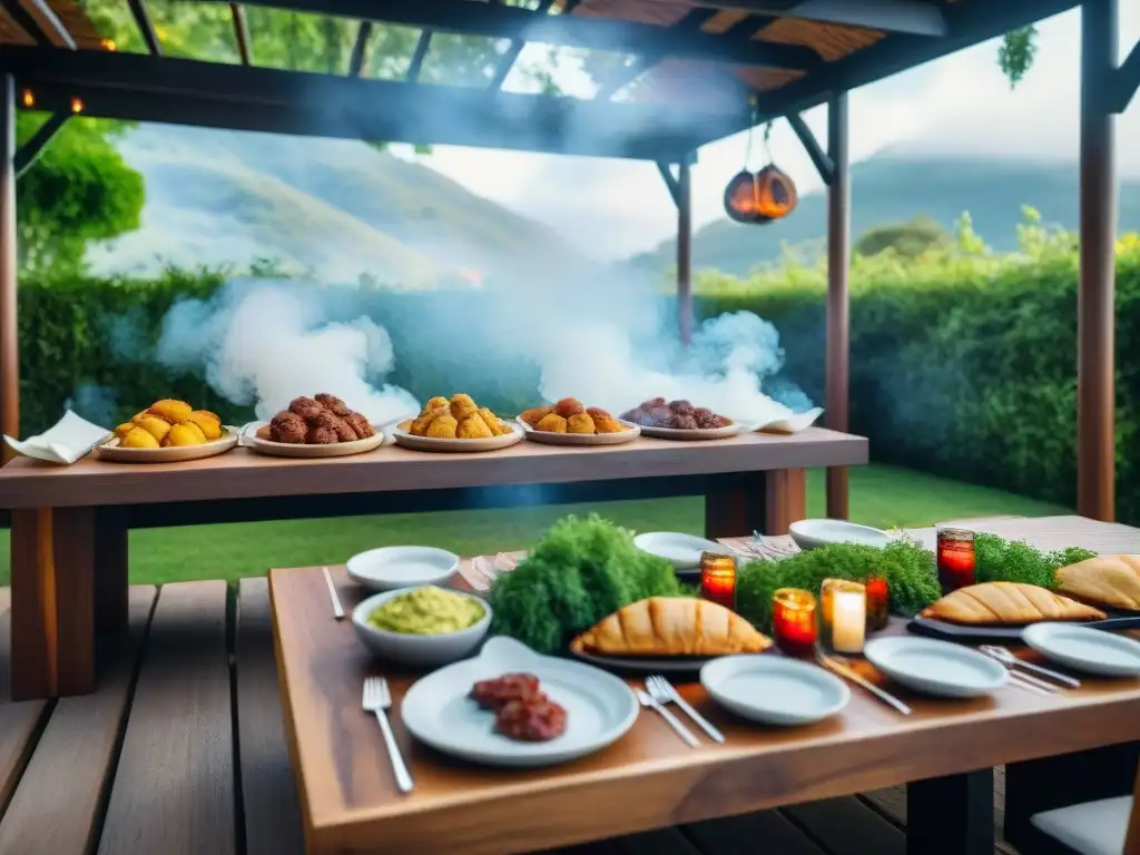 Un evento al aire libre con mesas de madera largas, decoradas con un asado uruguayo: chorizos, jugosos cortes de carne y empanadas