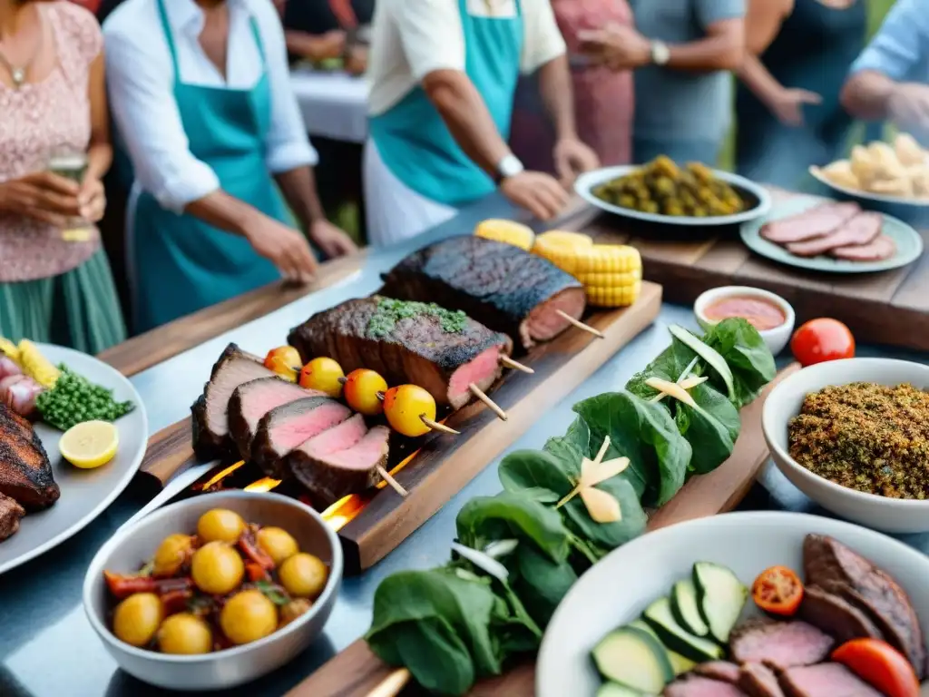 Evento de asado comunitario en Uruguay: mesa llena de comida, música y alegría entre amigos y familias