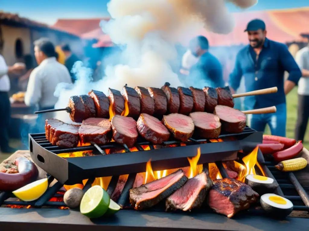 Evento de asado en Uruguay: una escena vibrante con parrilla, carnes sizzling y gente socializando en el campo uruguayo