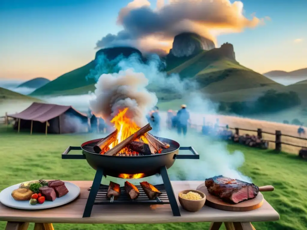 Un evento de asado y maridaje tradicional uruguayo en un entorno campestre pintoresco al atardecer