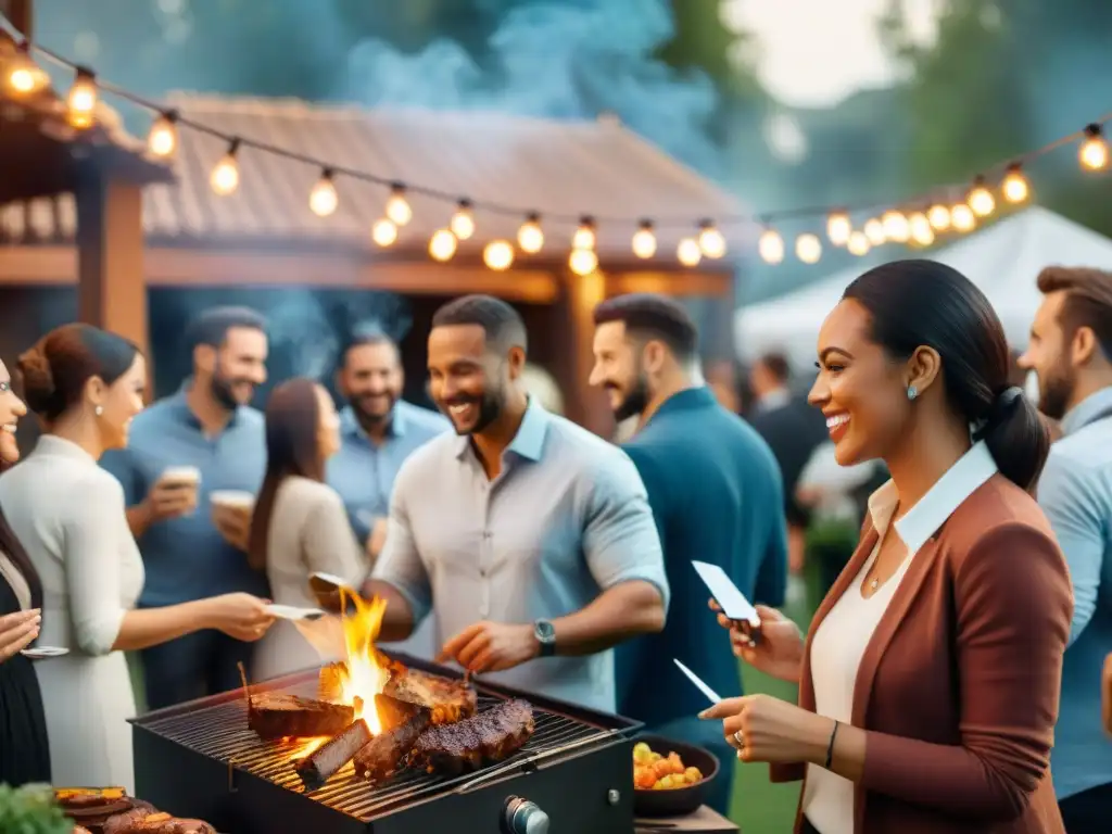 Un evento de networking con asado: Profesionales se conectan y colaboran en una atmósfera cálida y acogedora bajo luces de cuerda