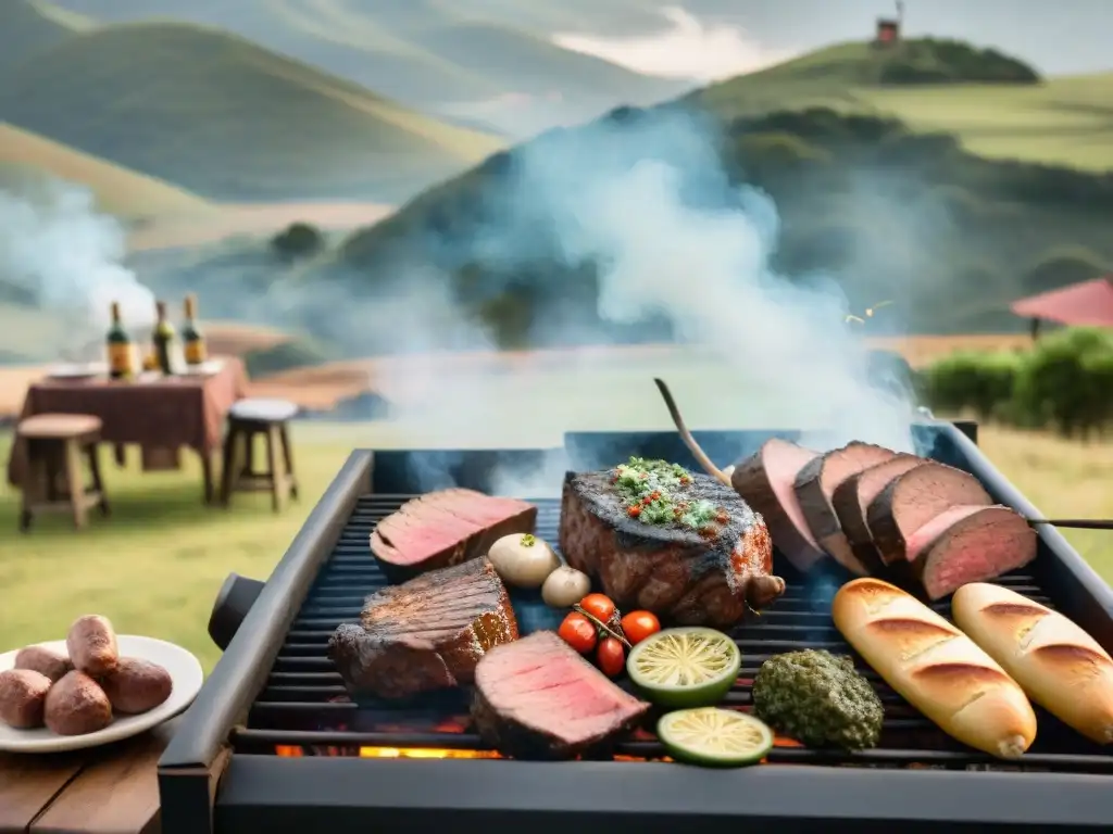 Evento de asado en Uruguay: Un tradicional asado uruguayo en el campo, rodeado de colinas verdes y gaucho