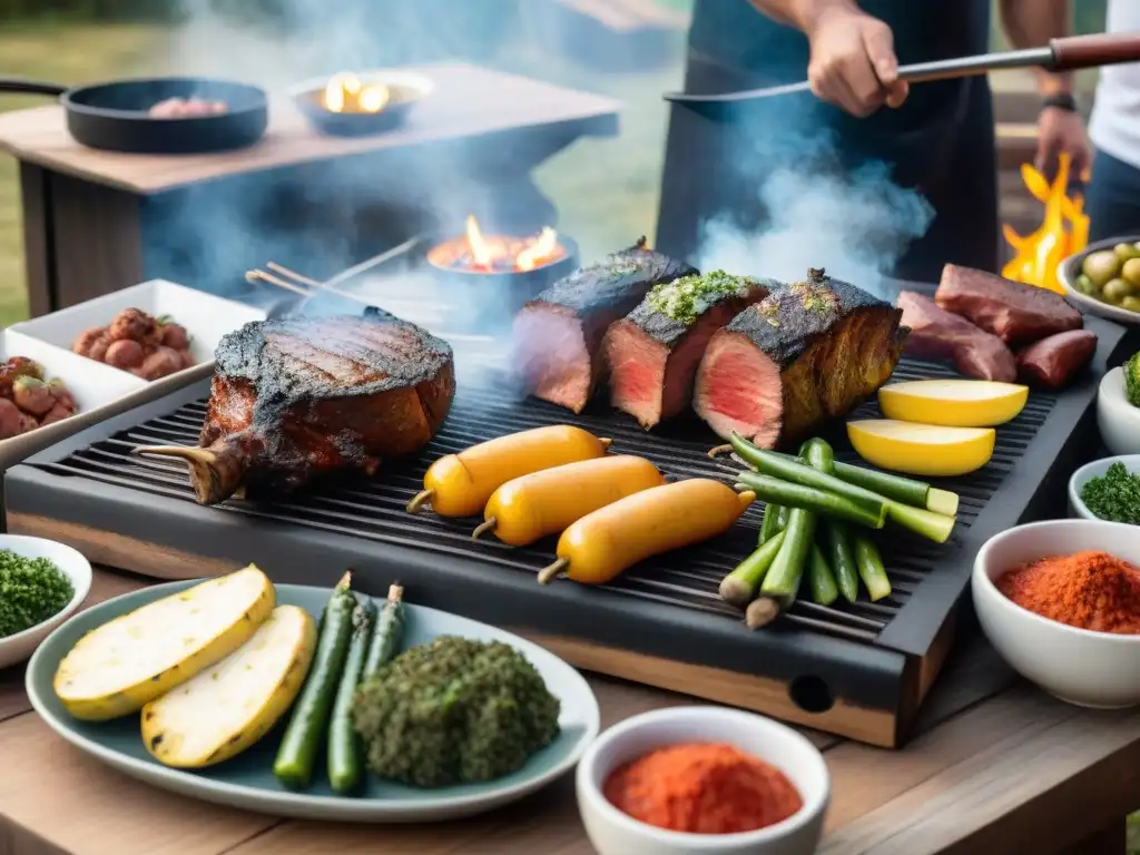 Un evento de asado uruguayo empresarial en una mesa rústica llena de ingredientes y utensilios de cocina, con colegas conversando animadamente