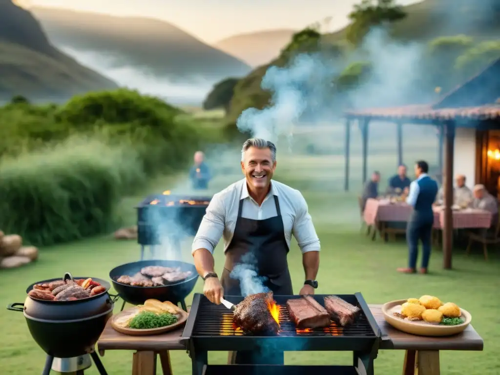 Un evento de asado uruguayo empresarial en un entorno campestre pintoresco con asador y ejecutivos disfrutando