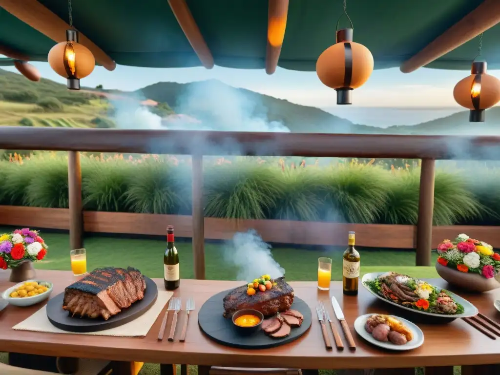 Un evento de asado uruguayo empresarial, con mesas largas de madera, decoraciones gauchas y una parrilla sizzling