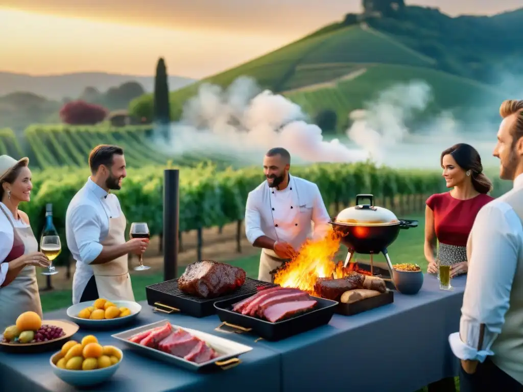 Un evento culinario al aire libre en un viñedo al atardecer, con chefs asando carne y invitados elegantes disfrutando de vino