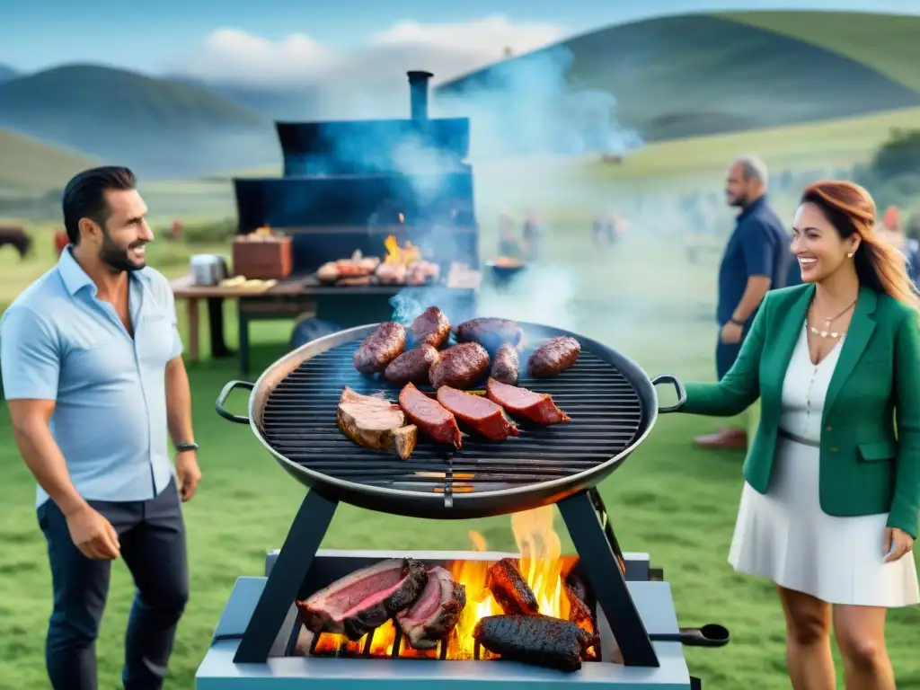 Evento cultural en parrillada uruguaya: parrilla llena de carne sizzling, gente en trajes tradicionales