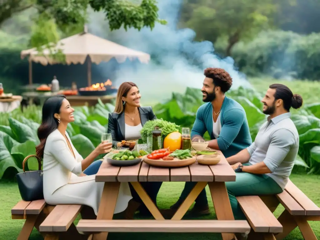 Un evento ecológico: asado uruguayo en un entorno natural con ingredientes sostenibles y comunidad unida