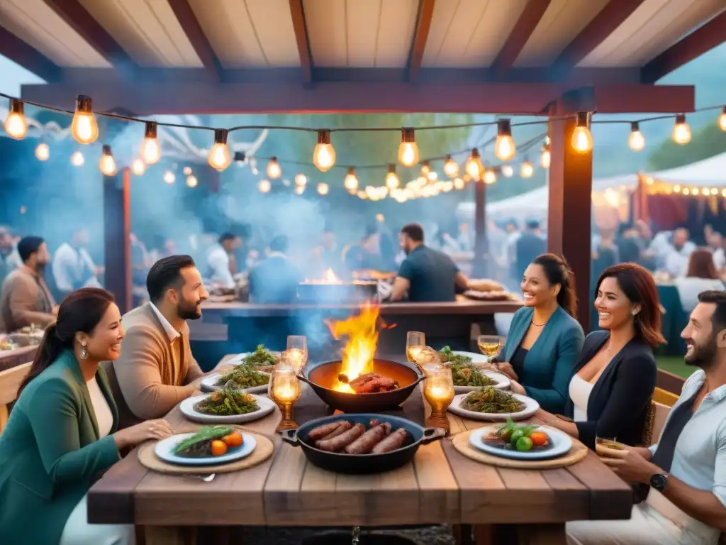 Evento al aire libre con asado uruguayo y ambiente festivo Un evento de marca con asado uruguayo en un espacio vibrante al aire libre, lleno de mesas de madera y deliciosa comida