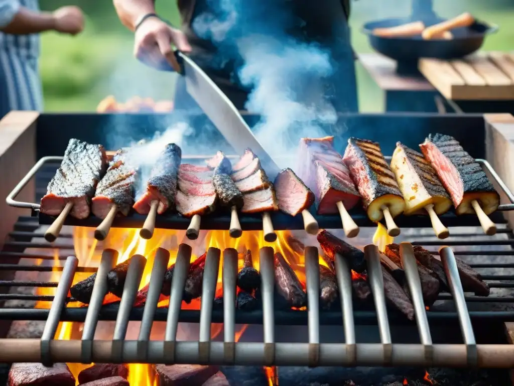 Delicioso asado uruguayo al aire libre: festividad y sabor en cada detalle Evento de marca con asado uruguayo: ambiente festivo alrededor de una parrilla con variedad de carnes sizzling sobre brasas