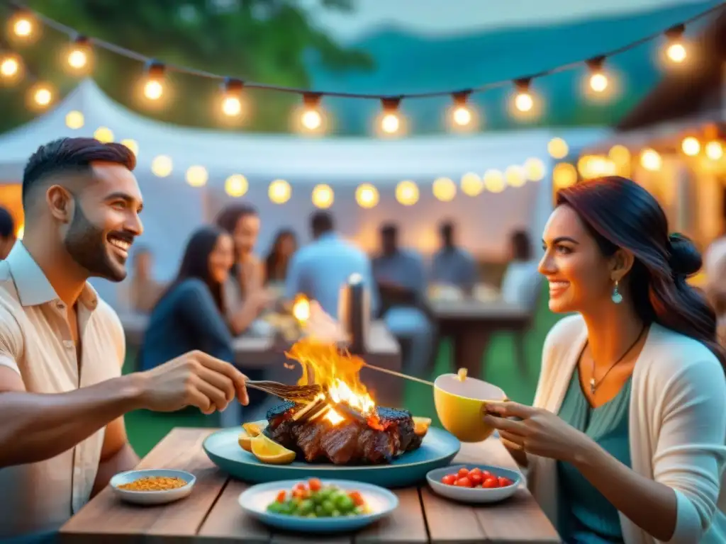 Eventos temáticos parrilla celebraciones: Barbacoa al aire libre con decoraciones coloridas y platos a la parrilla rodeados de invitados felices