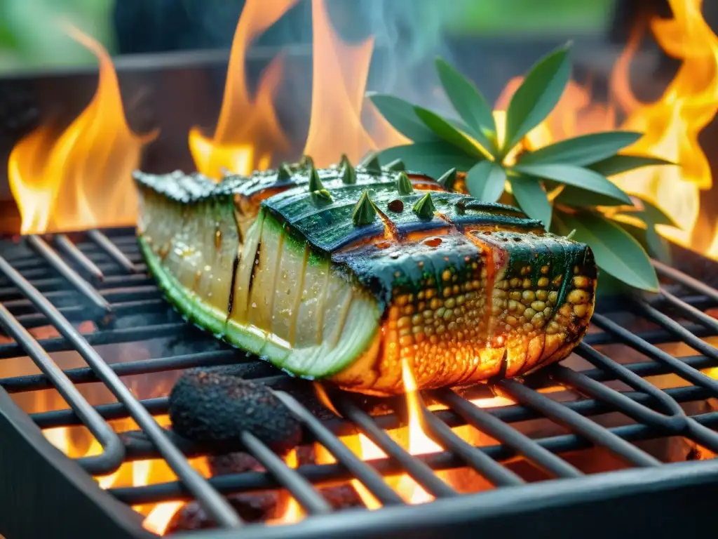 Una exótica pieza de carne de cocodrilo asado en una parrilla, rodeada de hierbas y condimentos