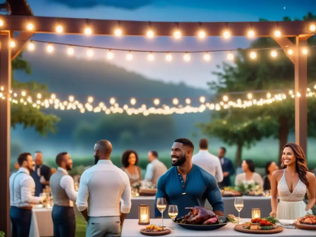 Experiencia de asado de alta gama en evento al aire libre con parrilla como centro y elegantes invitados bajo luces brillantes