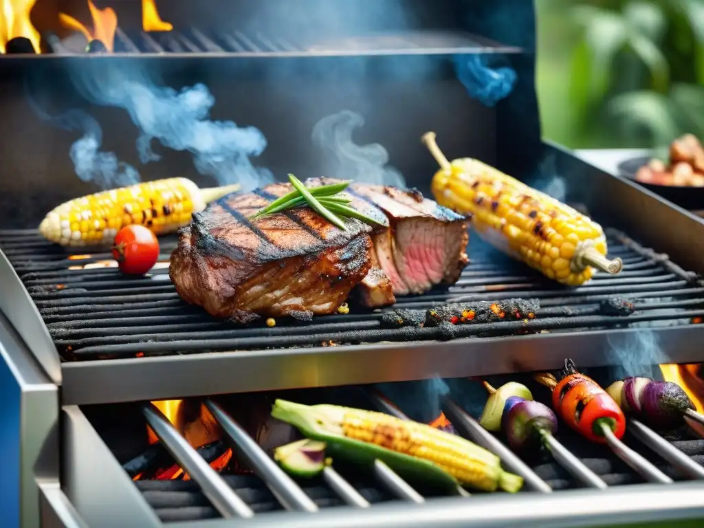 Experiencia asado de lujo: parrilla de alta gama brillando al sol, con carnes y vegetales a la parrilla